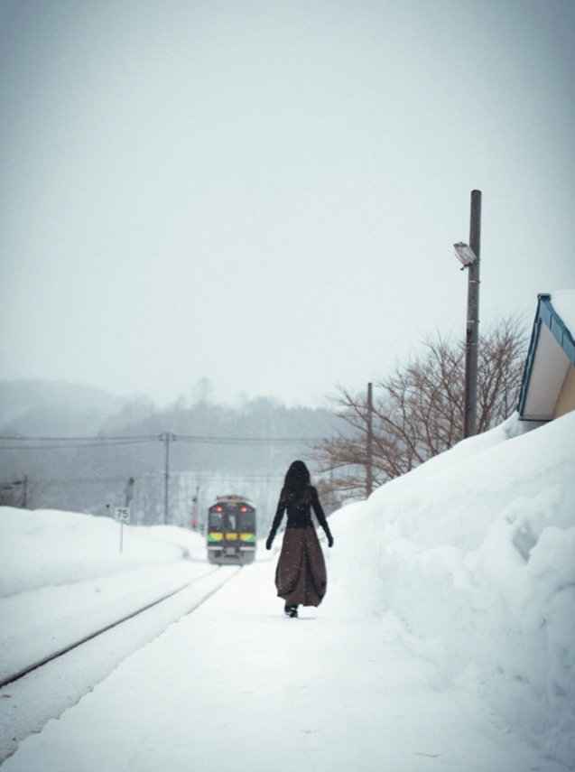 雪の積もった線路脇を歩く人物と、遠くから近づく列車