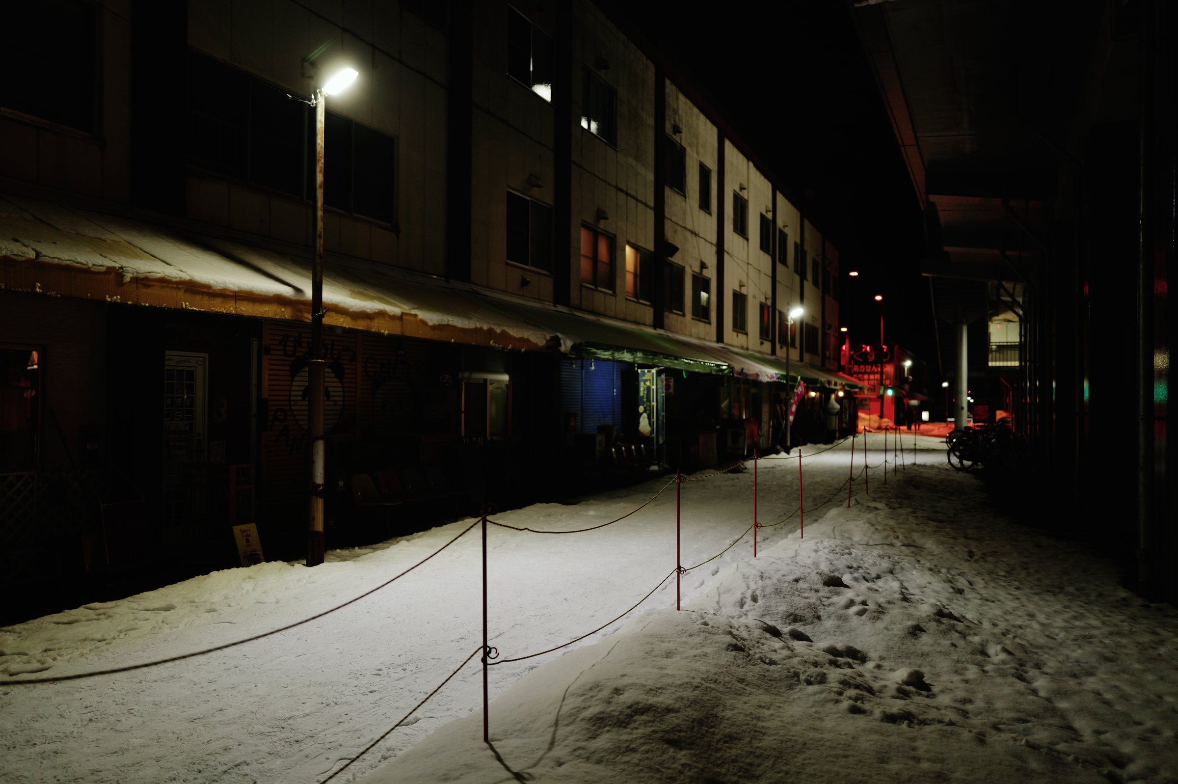 高架に沿って並ぶ店と、街灯に照らされた雪の歩道