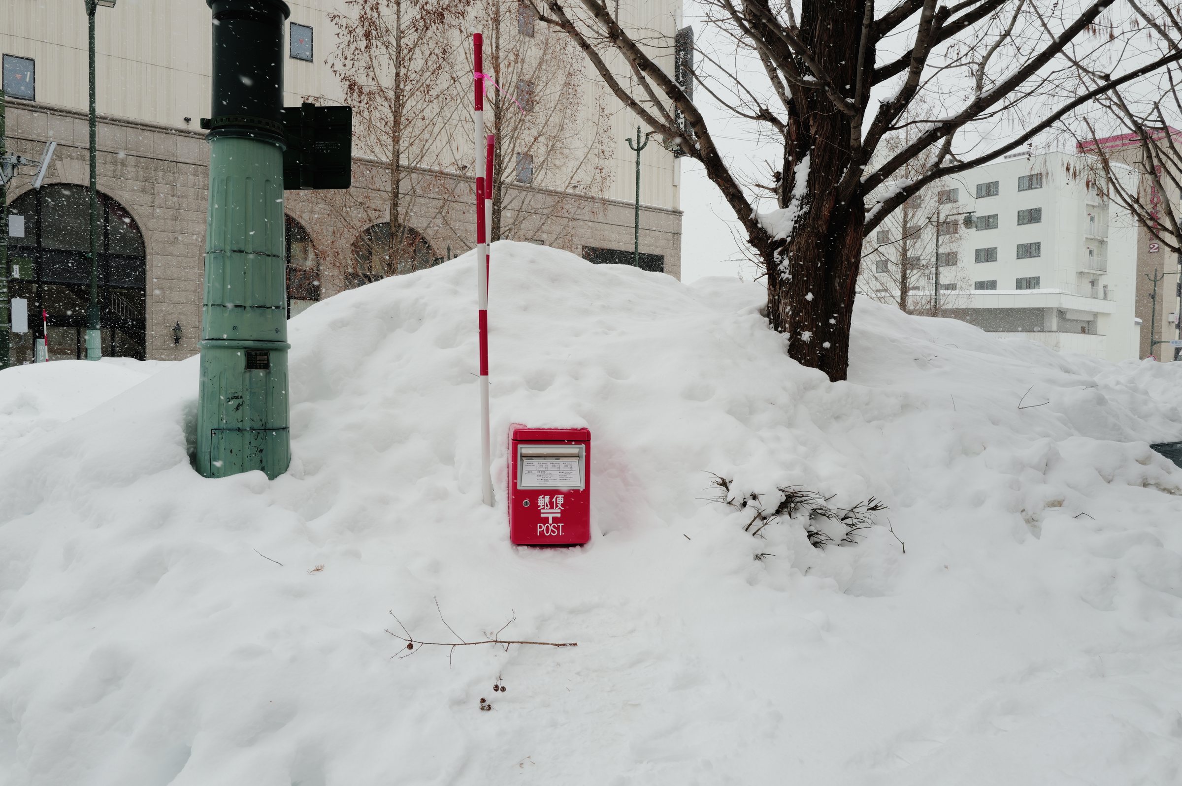 人の背より高く積まれた雪に半分埋もれた赤いポスト