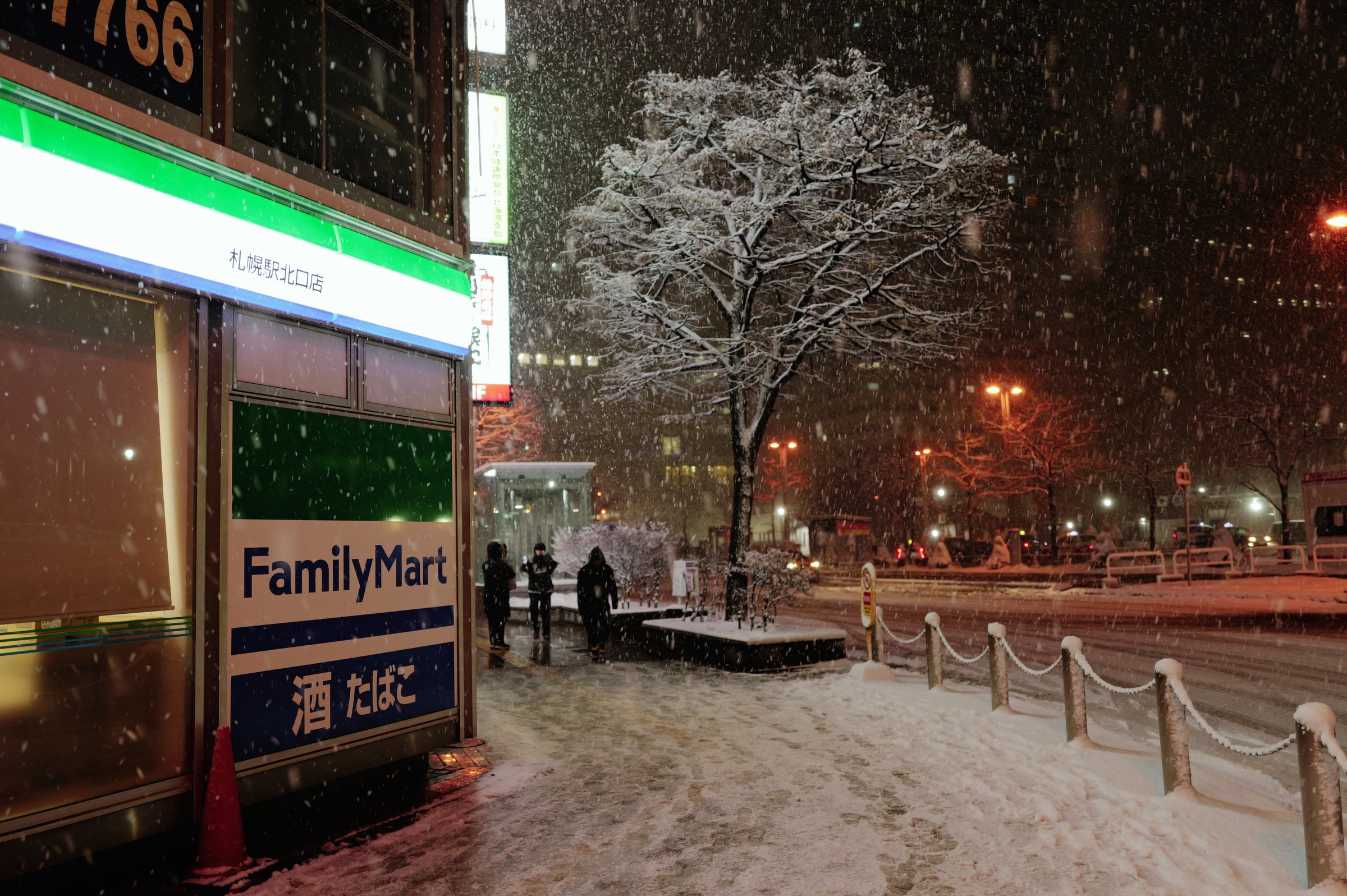 コンビニの看板の向こうに立つ、雪をかぶった木