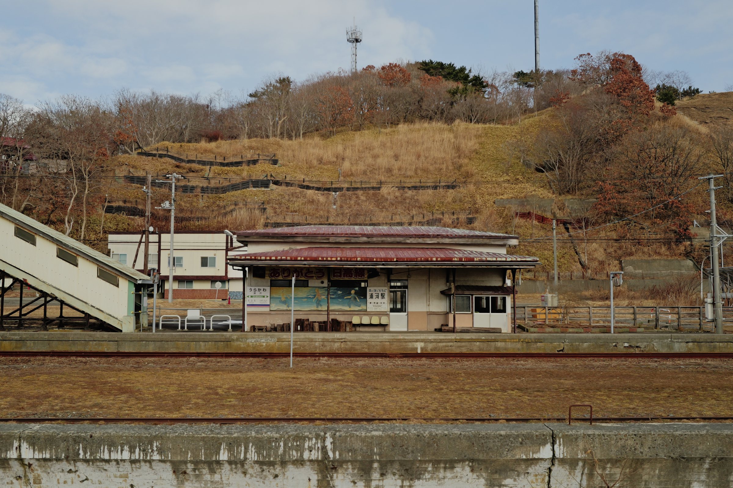 枯れた草の丘を背にした駅舎と、線路をまたぐ跨線橋