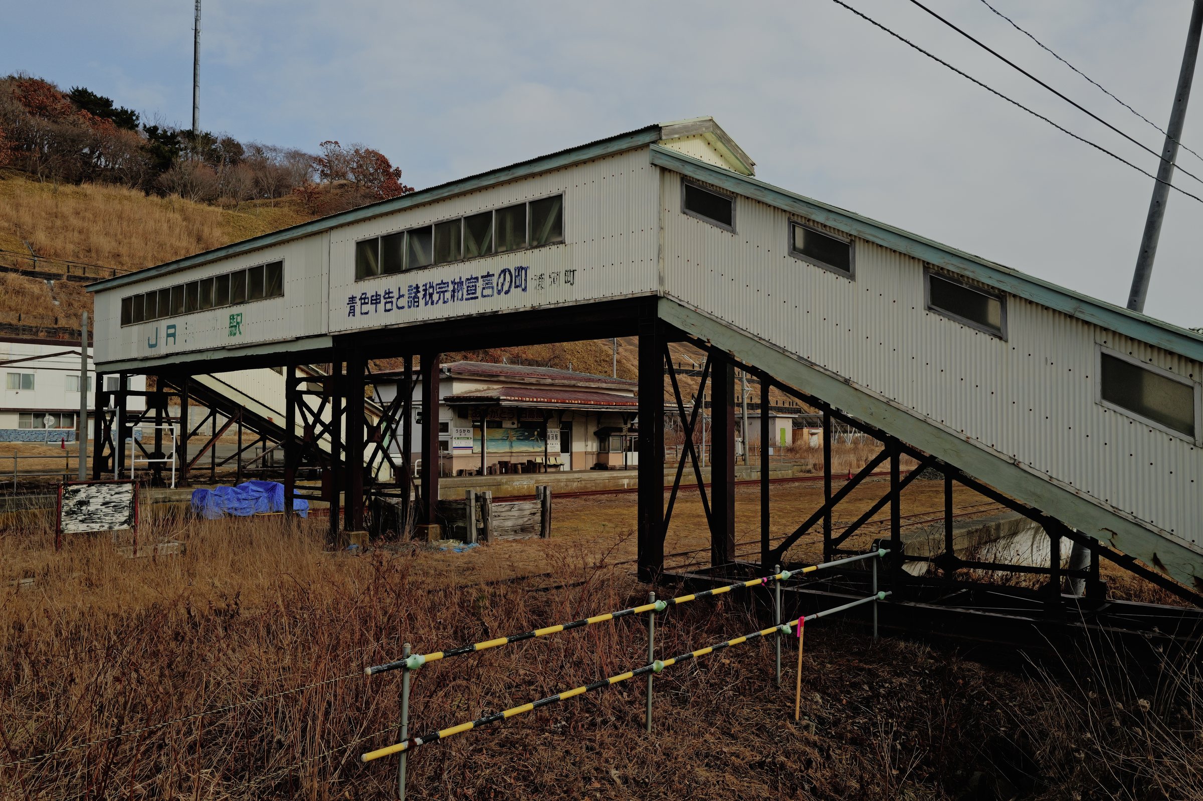 枯れ草の中に立つ、古い跨線橋