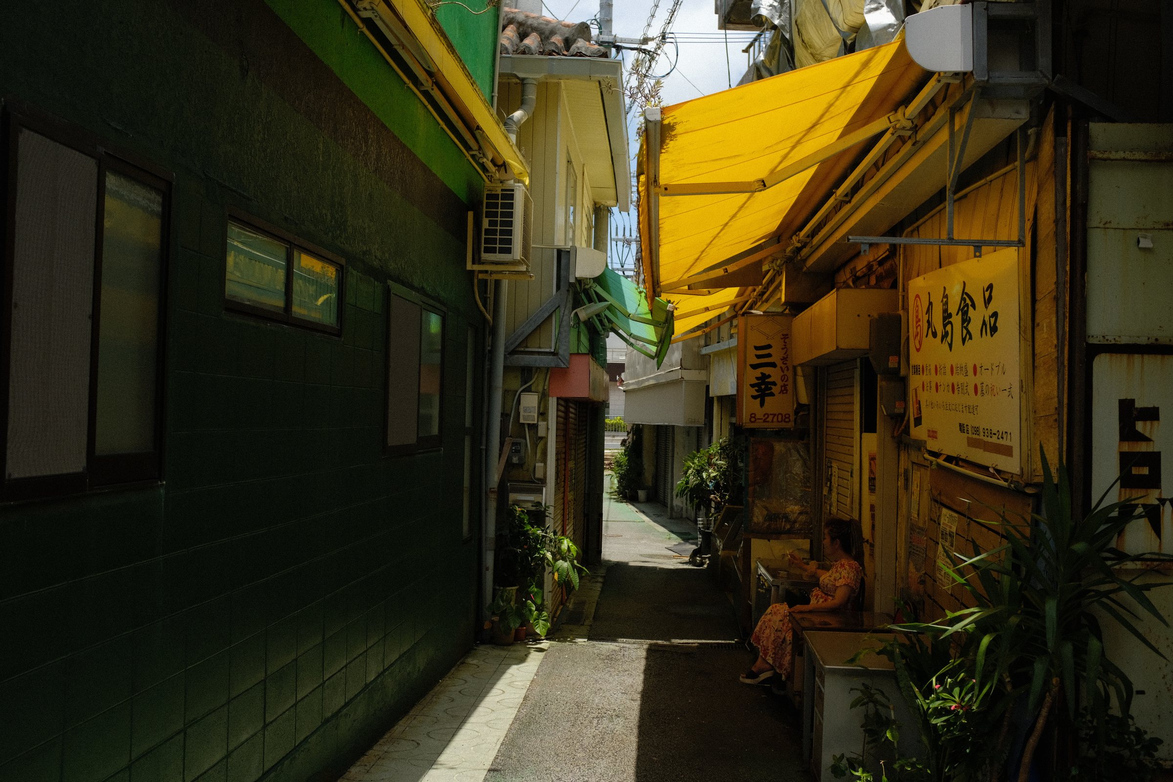 黄色い日除けの下の細い路地と、軒先の植木