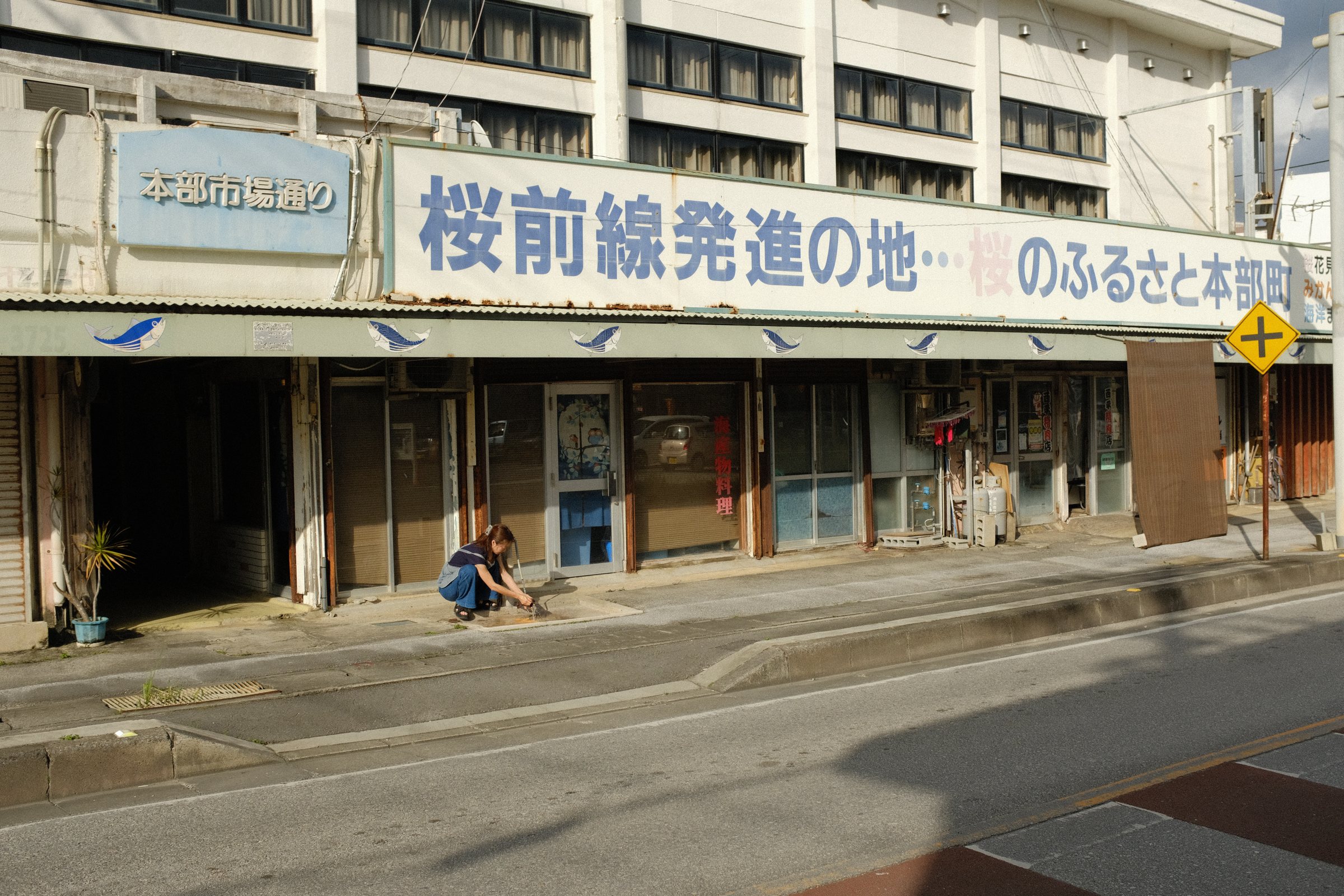 「桜前線発進の地」と書かれた古い建物の並ぶ通り