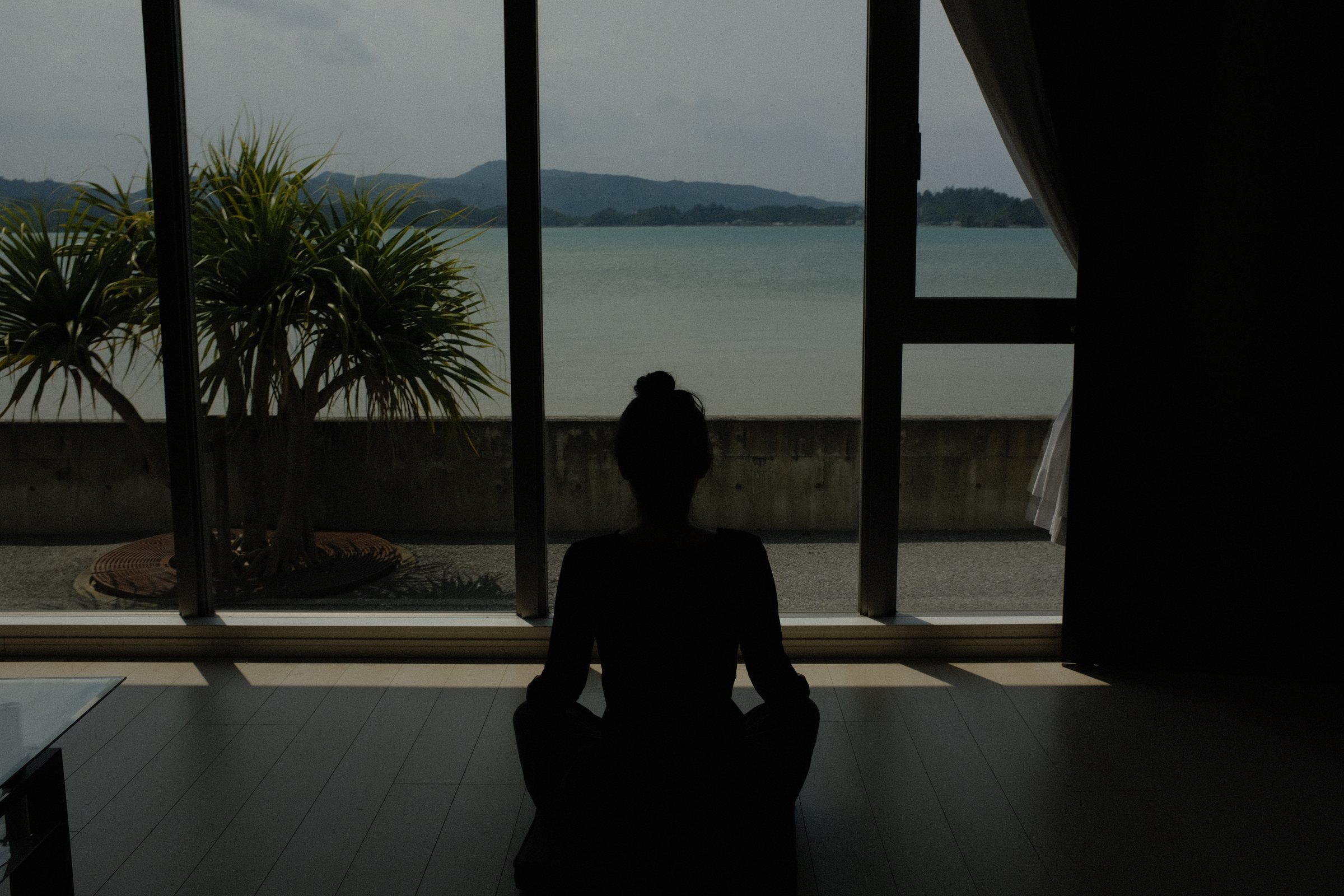 大きな窓の前に座る人のシルエットと、内海