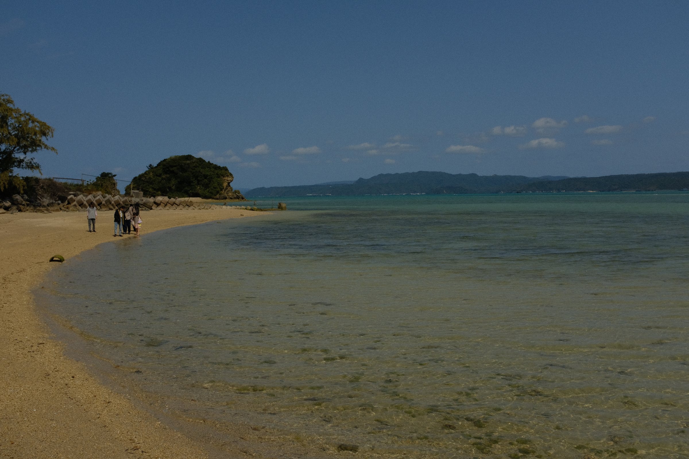 弧を描く遠浅の浜と、沖の小さな島