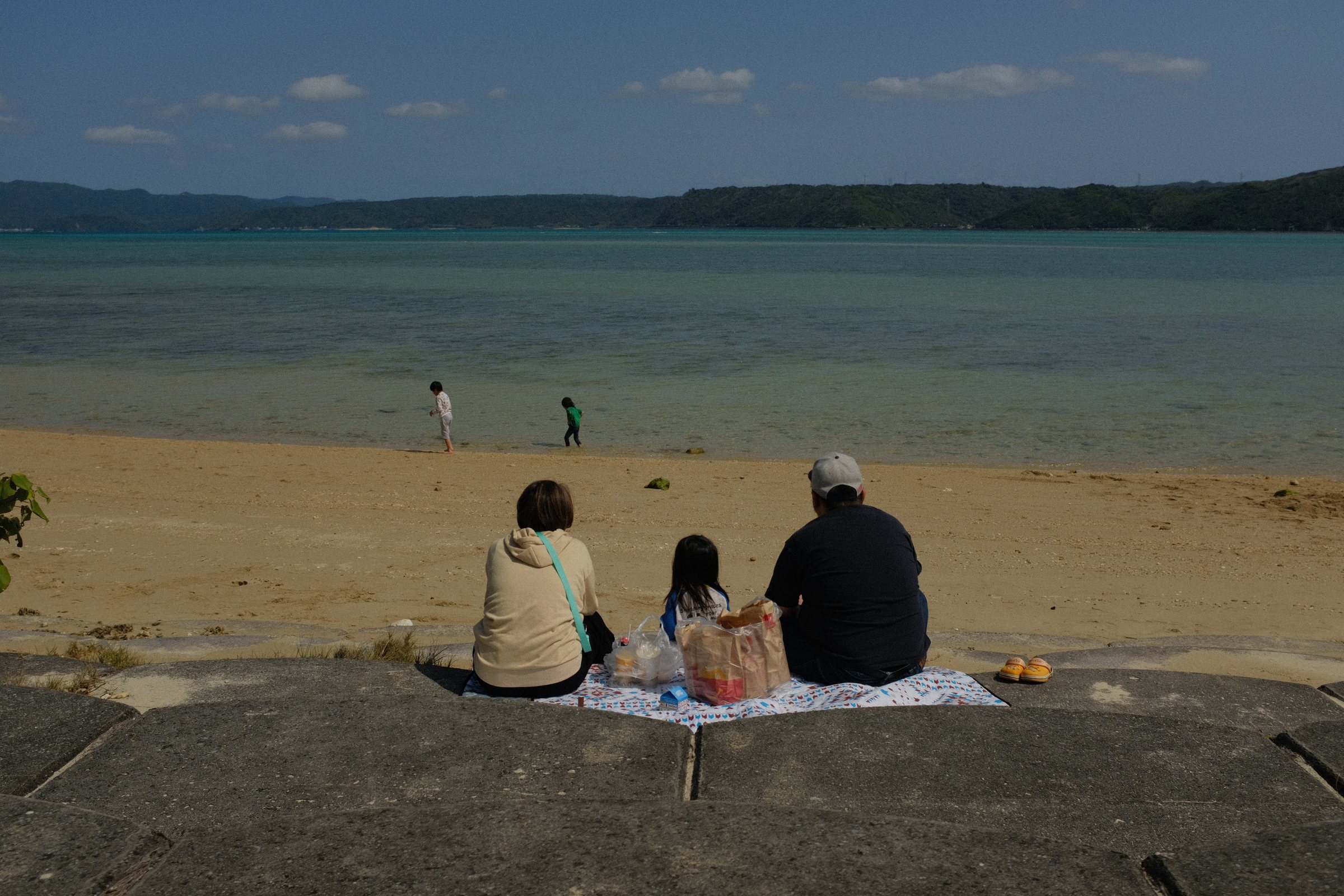 浜に敷物を広げ、並んで海を眺める家族の後ろ姿