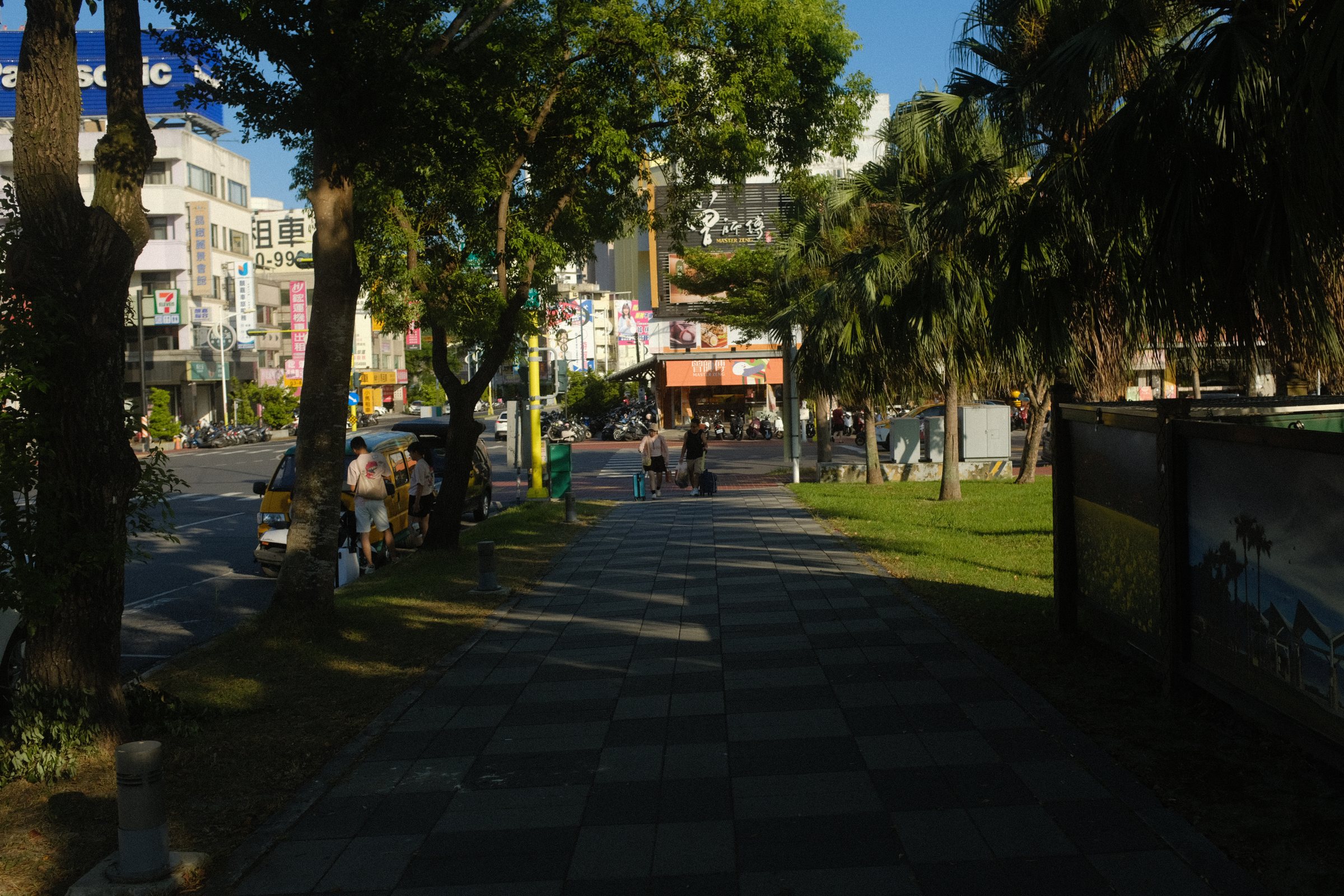並木の葉の影でまだらになった歩道