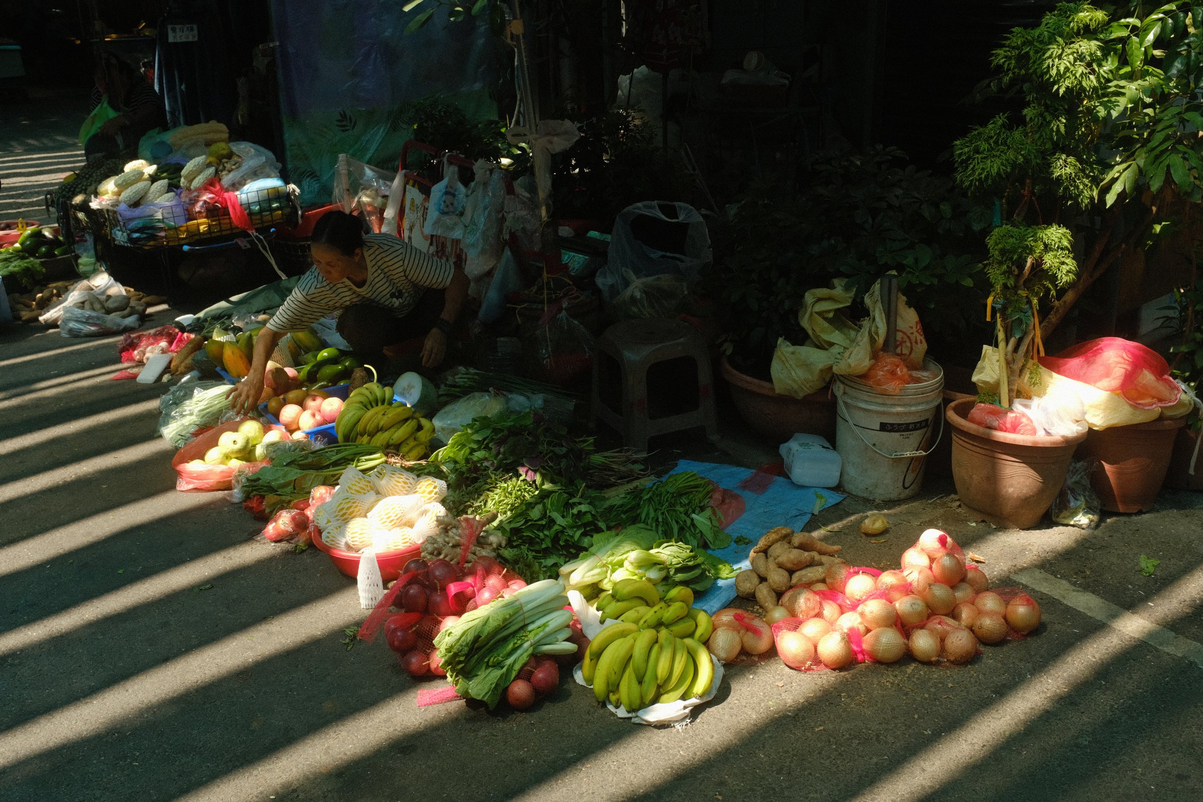 日除けの縞の影が落ちる路上で、野菜を並べる人
